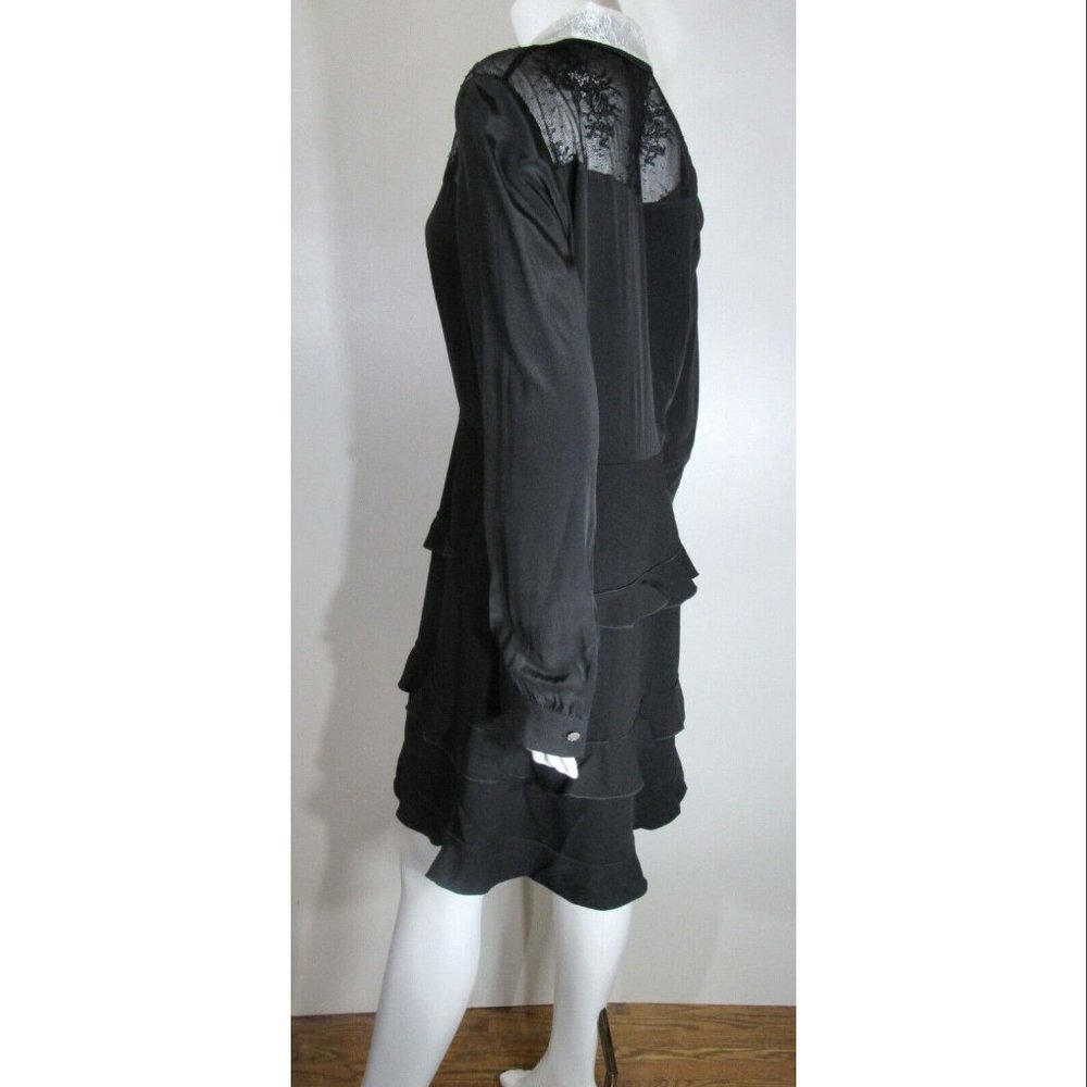 Kooples White Lace Collar Button Fron A-Line Ruffle Silk Black Dress Women's L - Picture 6 of 8
